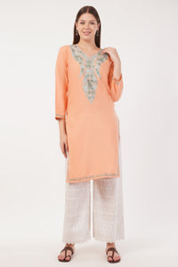 Kashmiri Aari embroidery Cotton Long Kurti Size-40(Peach)