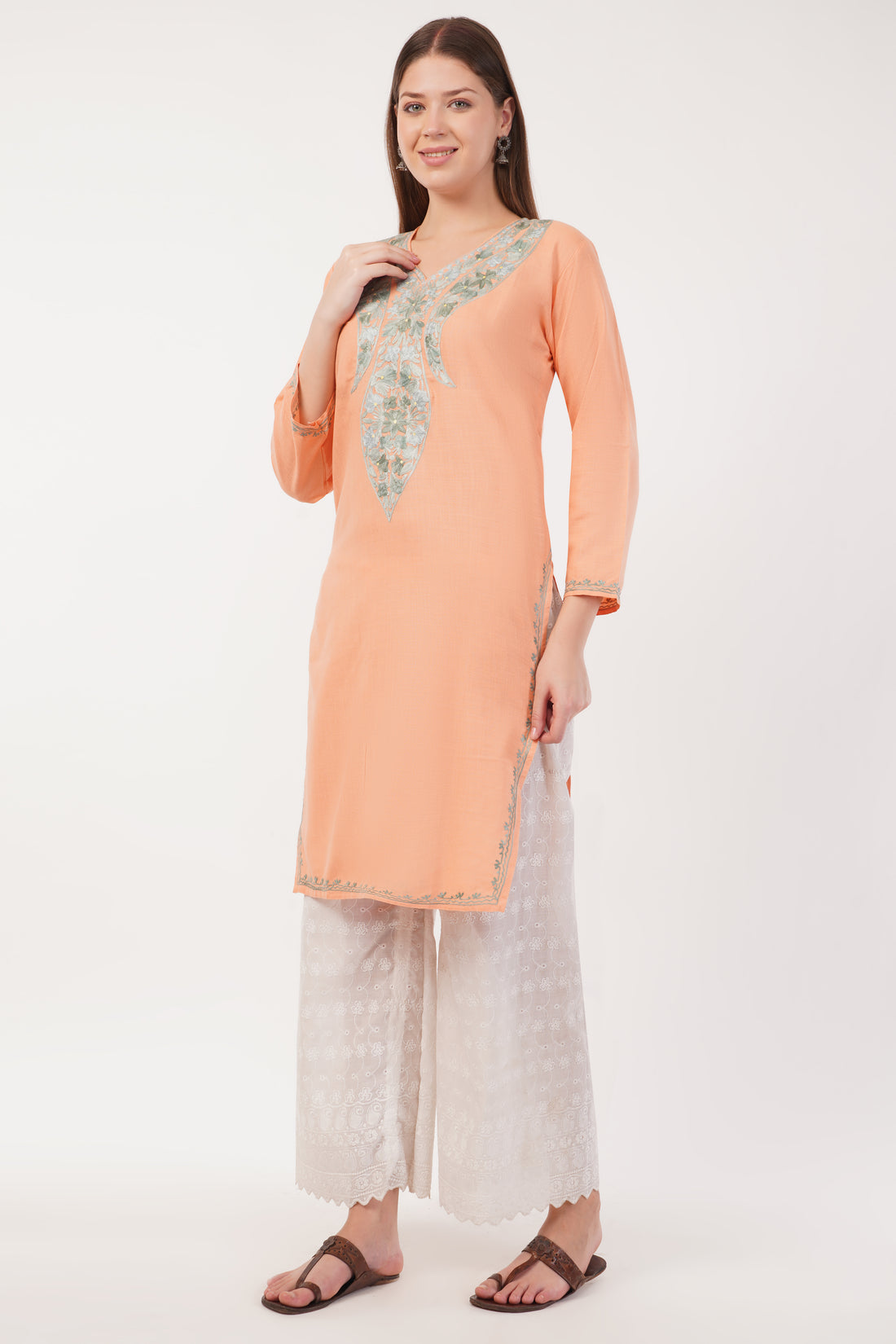 Kashmiri Aari embroidery Cotton Long Kurti Size-40(Peach)
