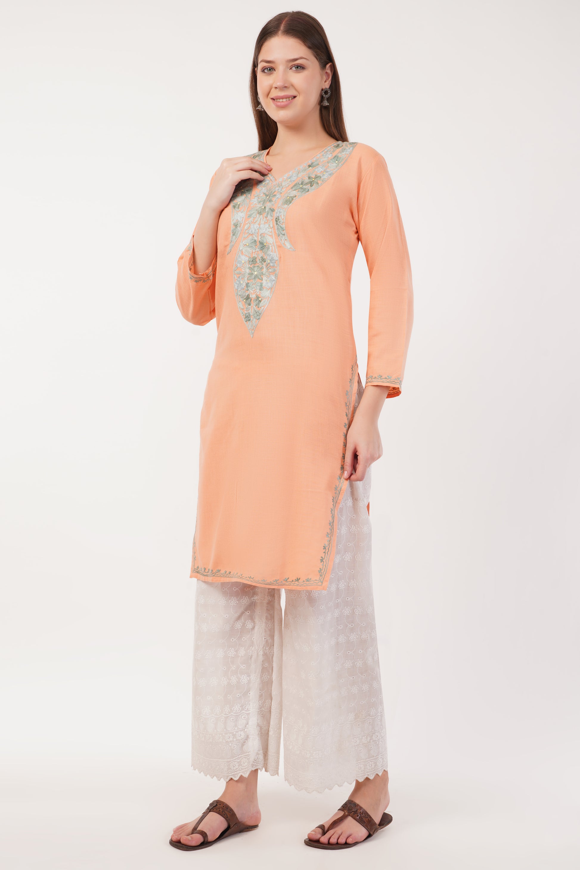 Kashmiri Aari embroidery Cotton Long Kurti Size-40(Peach)