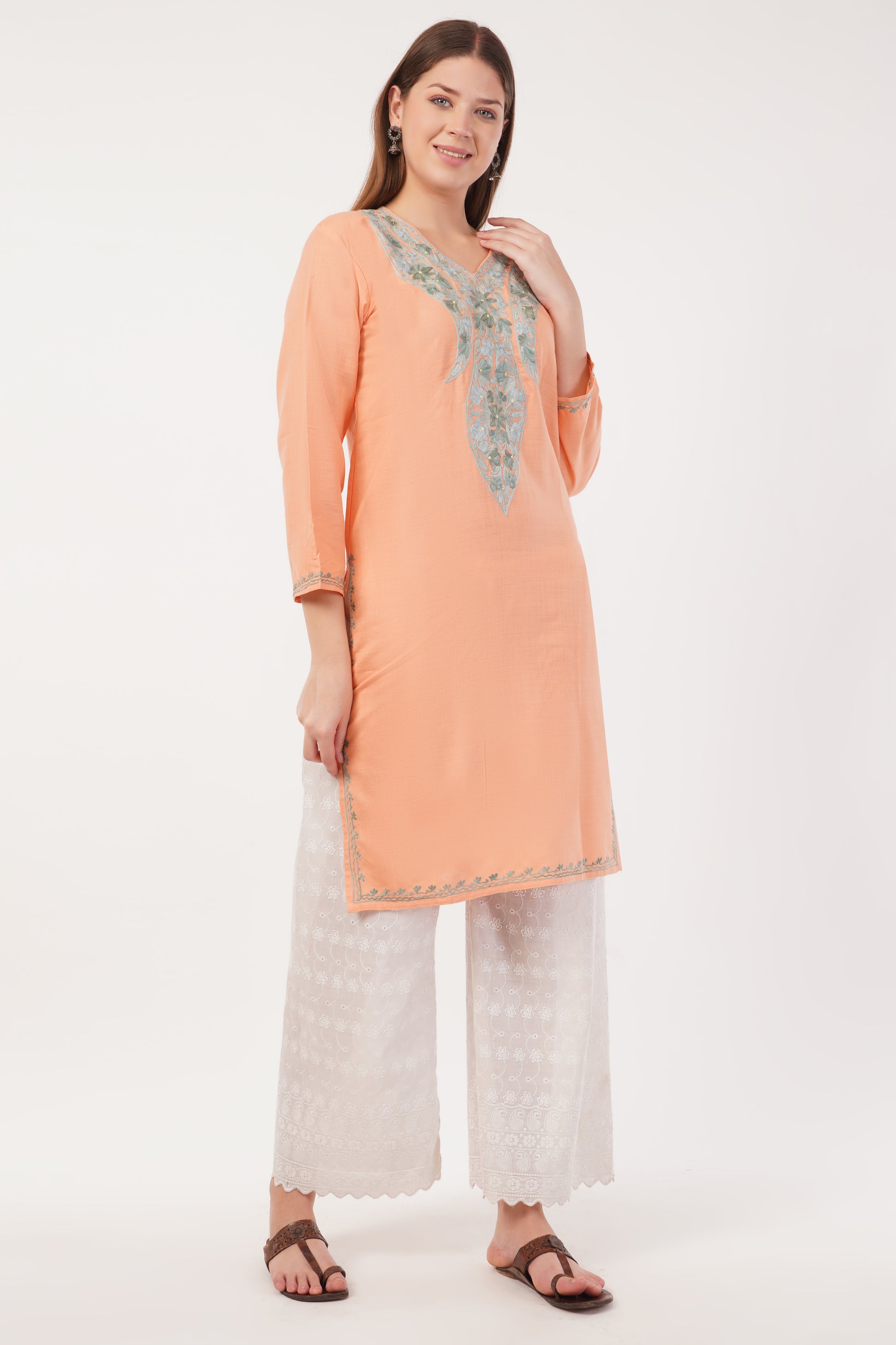Kashmiri Aari embroidery Cotton Long Kurti Size-40(Peach)