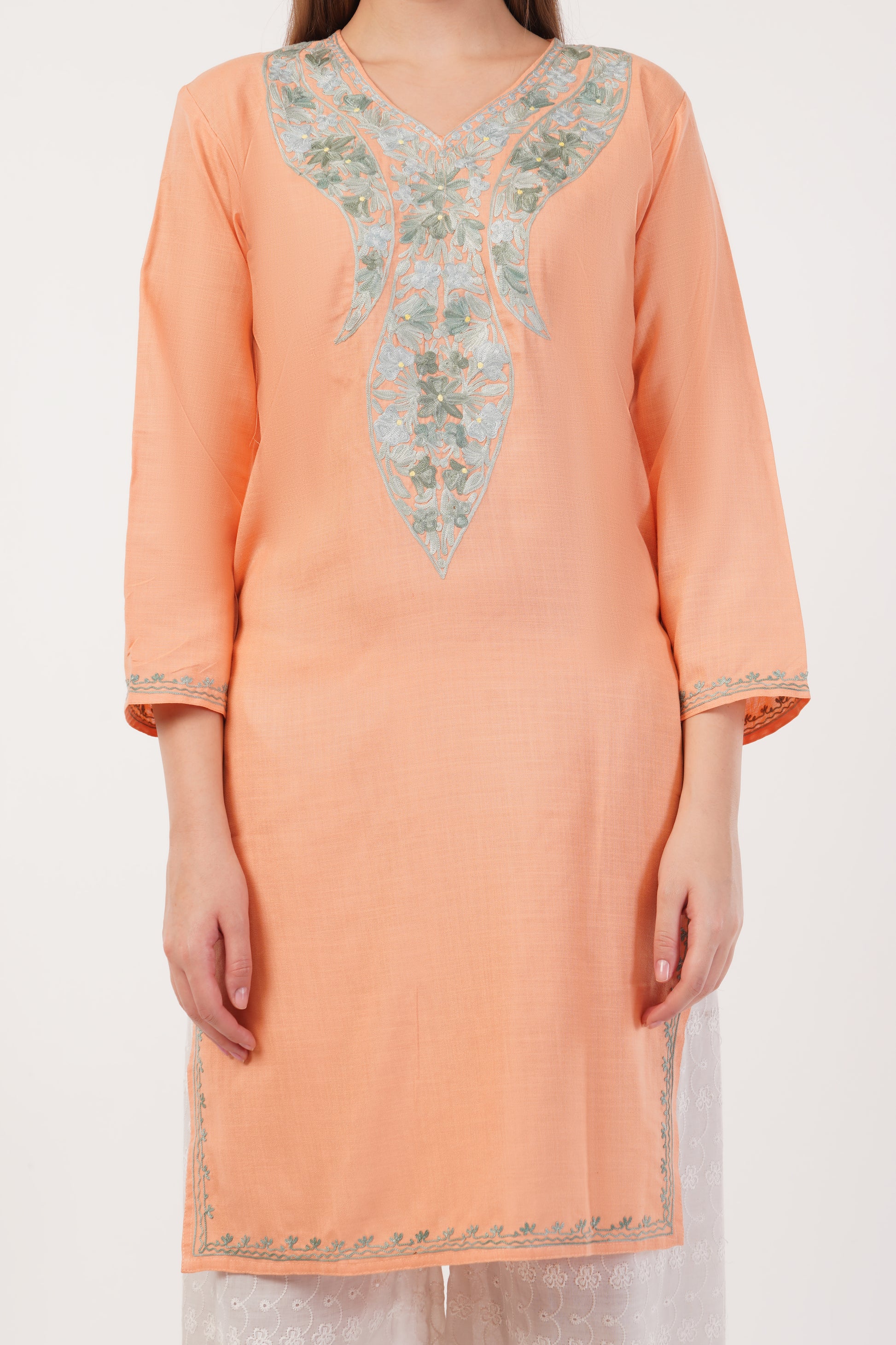 Kashmiri Aari embroidery Cotton Long Kurti Size-40(Peach)