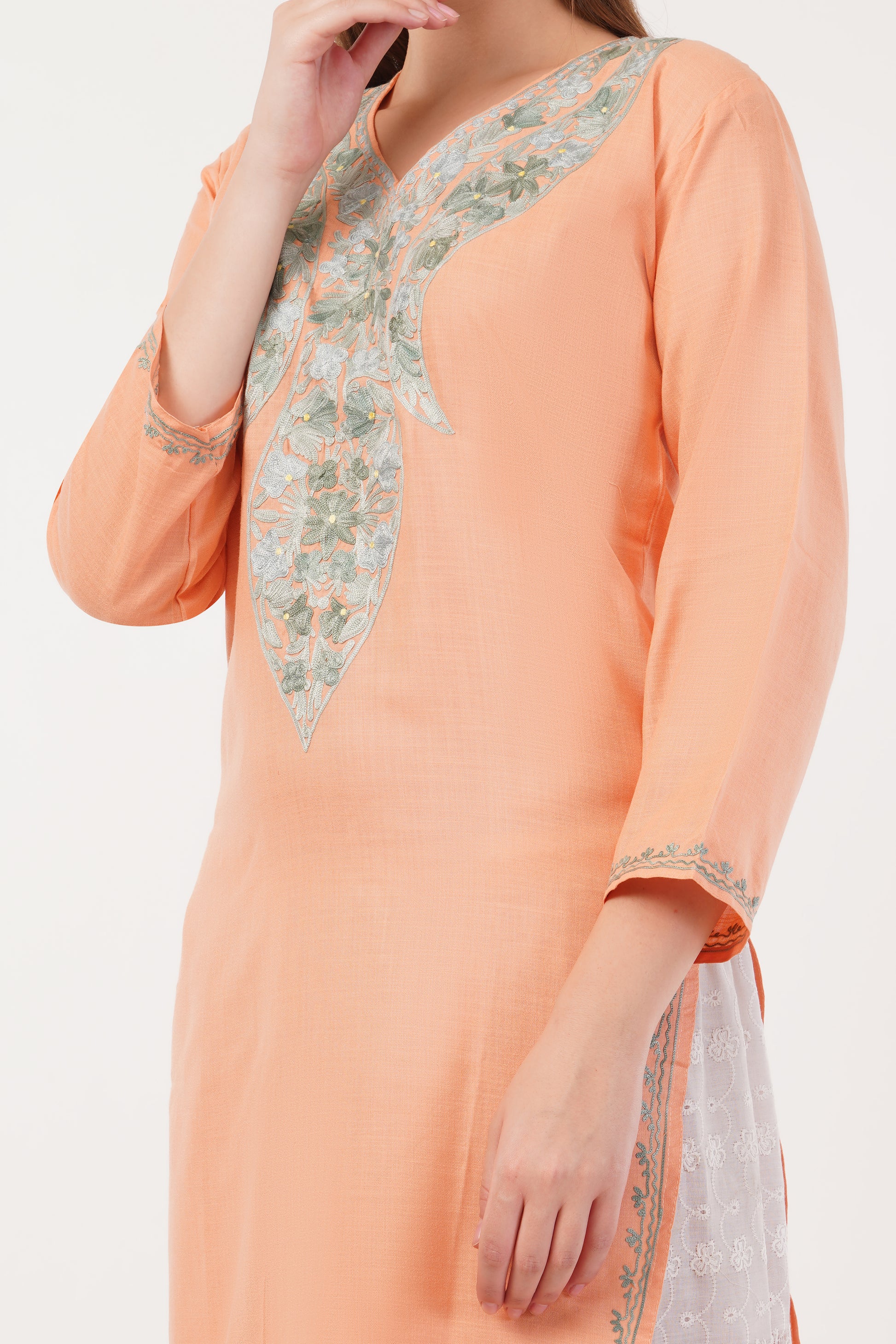 Kashmiri Aari embroidery Cotton Long Kurti Size-40(Peach)
