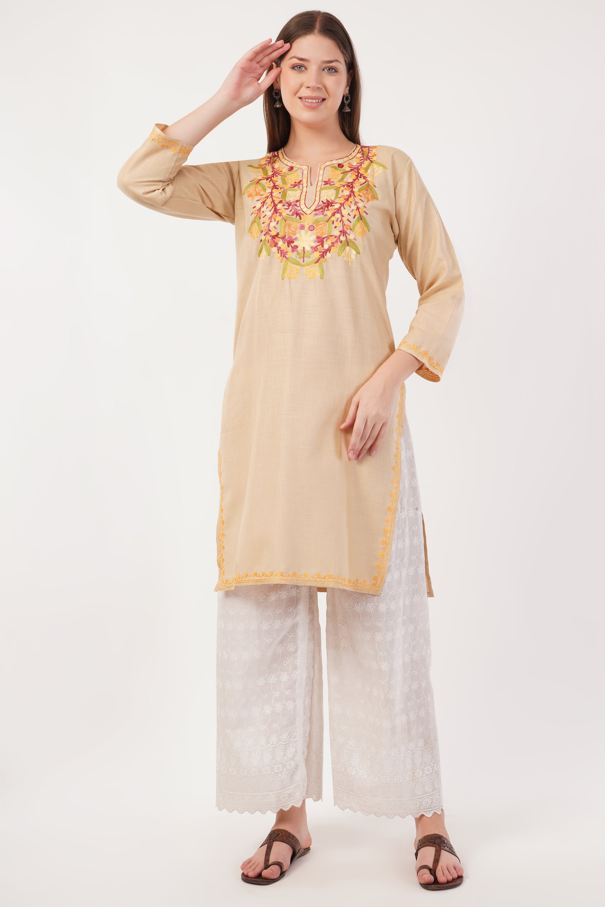 Kashmiri Aari embroidery Cotton Long Kurti Size-40(Beige)