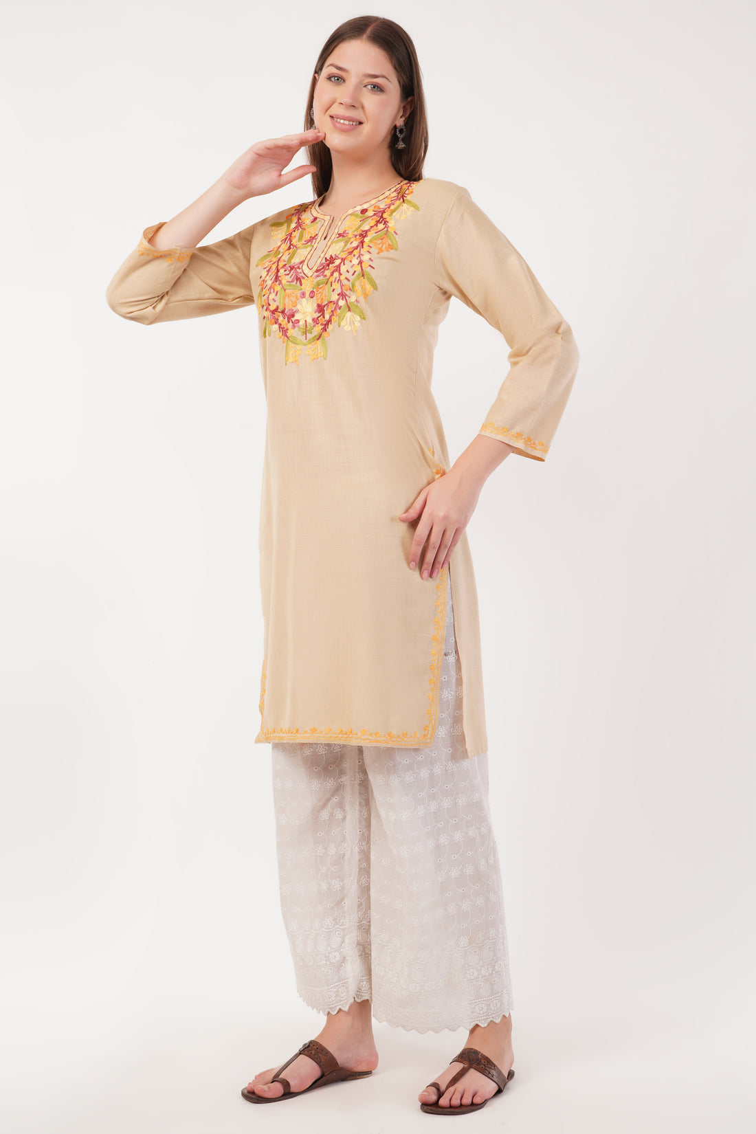 Kashmiri Aari embroidery Cotton Long Kurti Size-40(Beige)