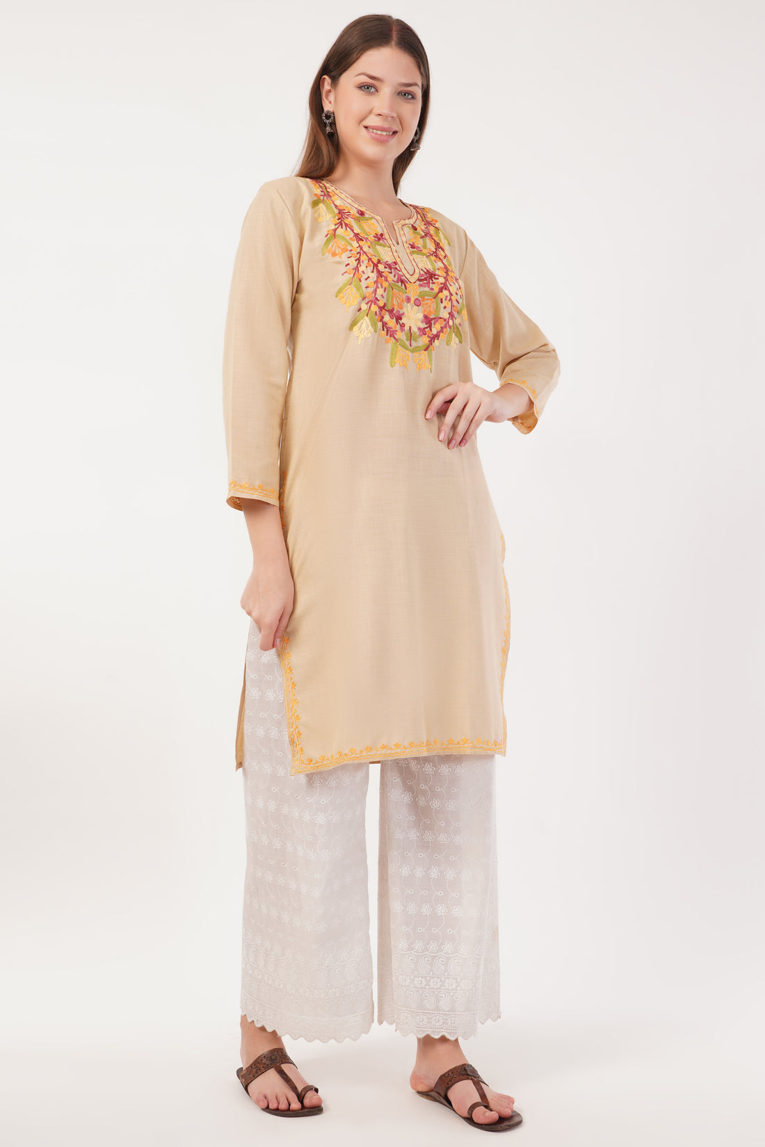 Kashmiri Aari embroidery Cotton Long Kurti Size-40(Beige)