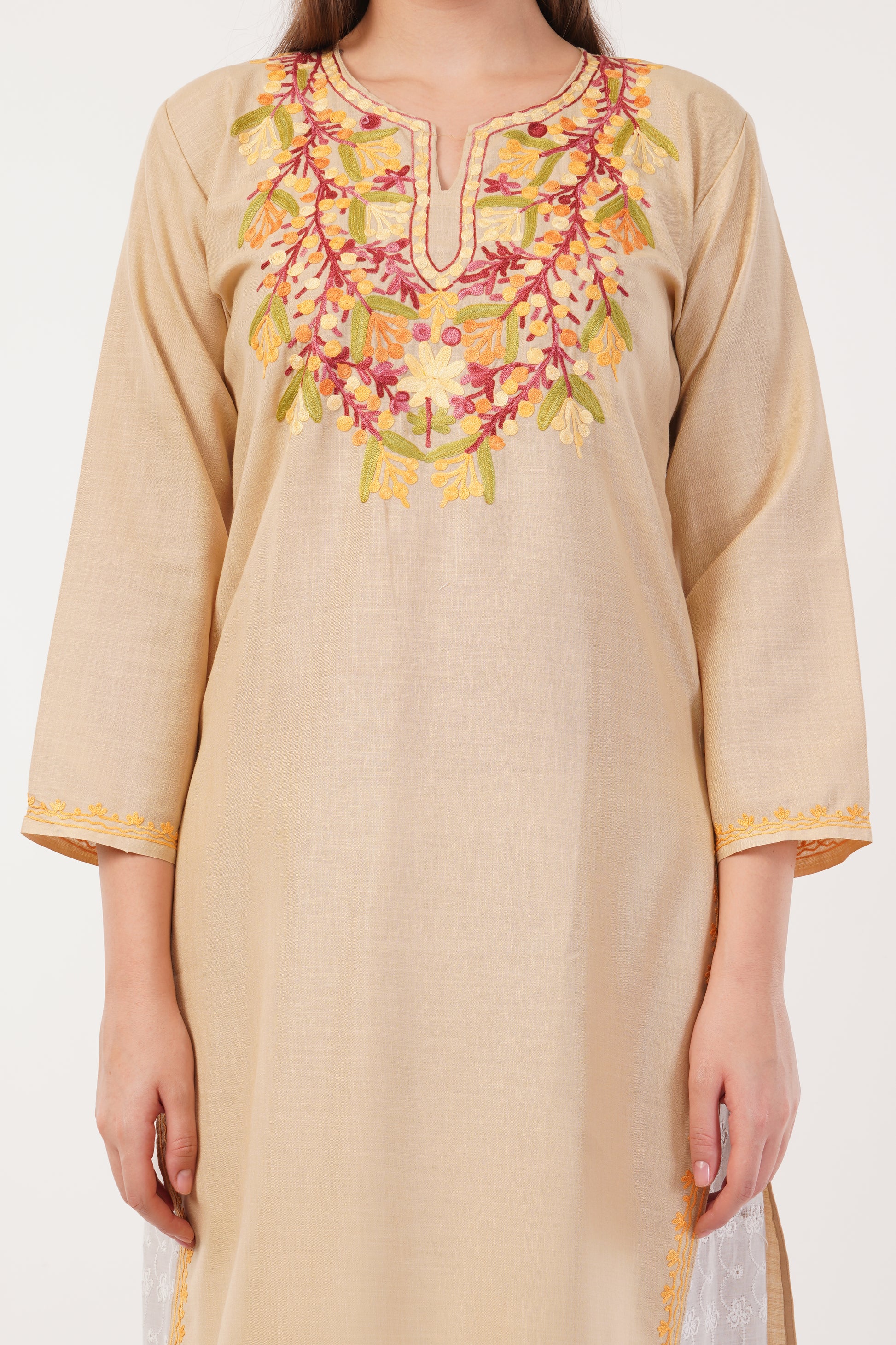 Kashmiri Aari embroidery Cotton Long Kurti Size-40(Beige)