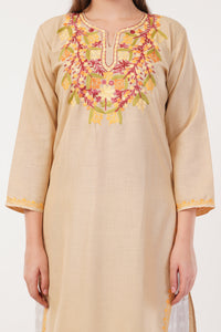 Kashmiri Aari embroidery Cotton Long Kurti Size-40(Beige)