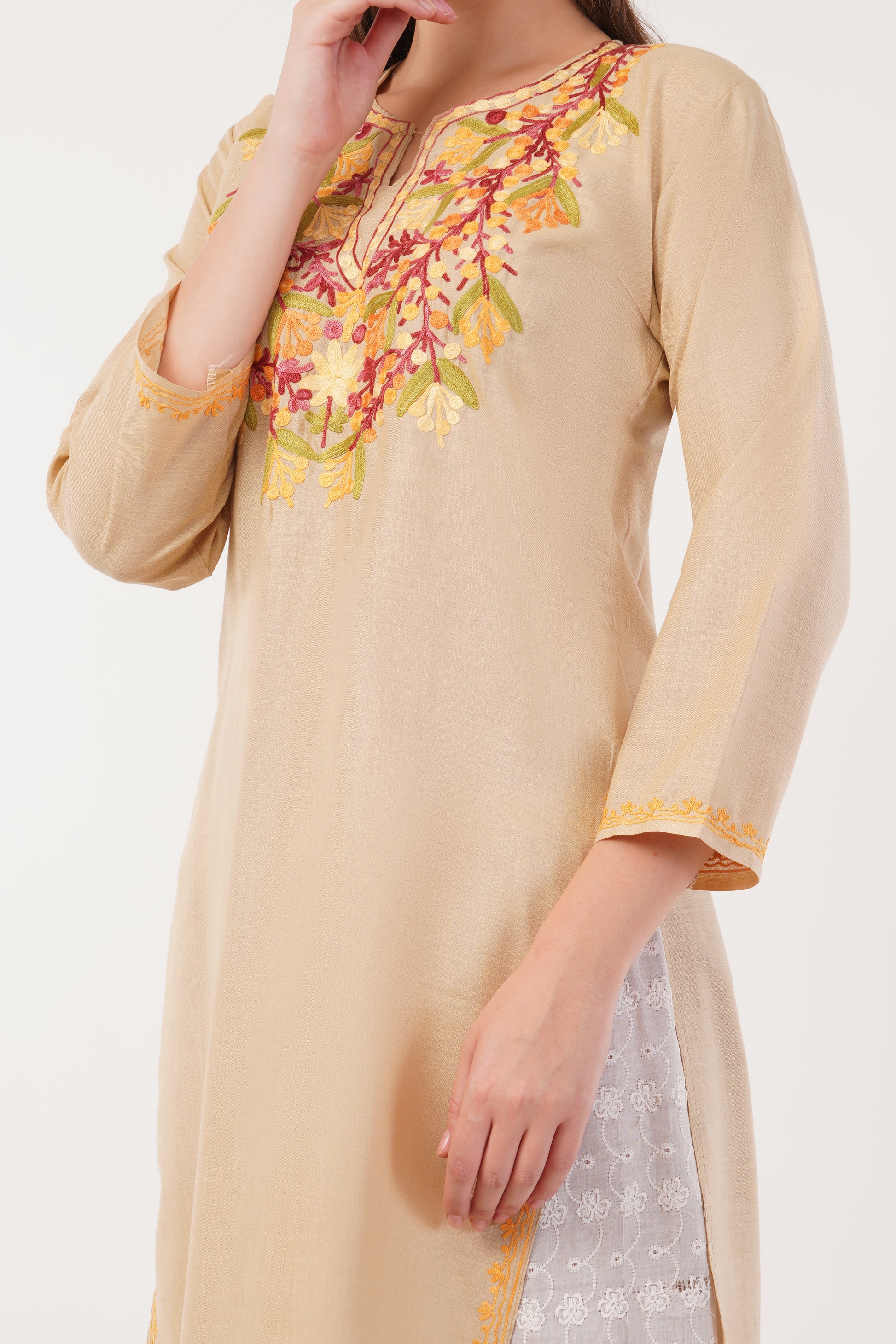 Kashmiri Aari embroidery Cotton Long Kurti Size-40(Beige)