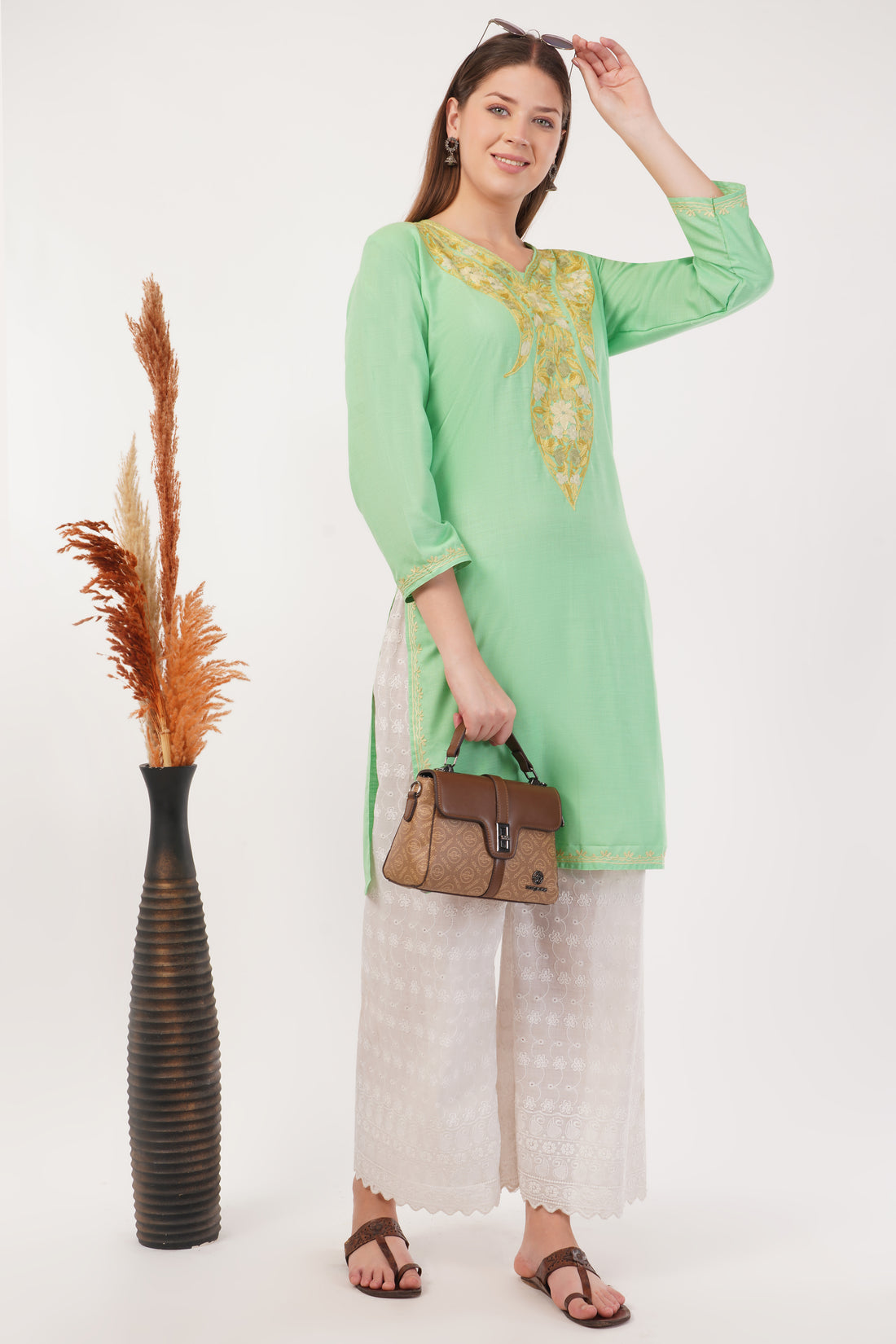 Kashmiri Aari embroidery Cotton Long Kurti Size-40(Green)