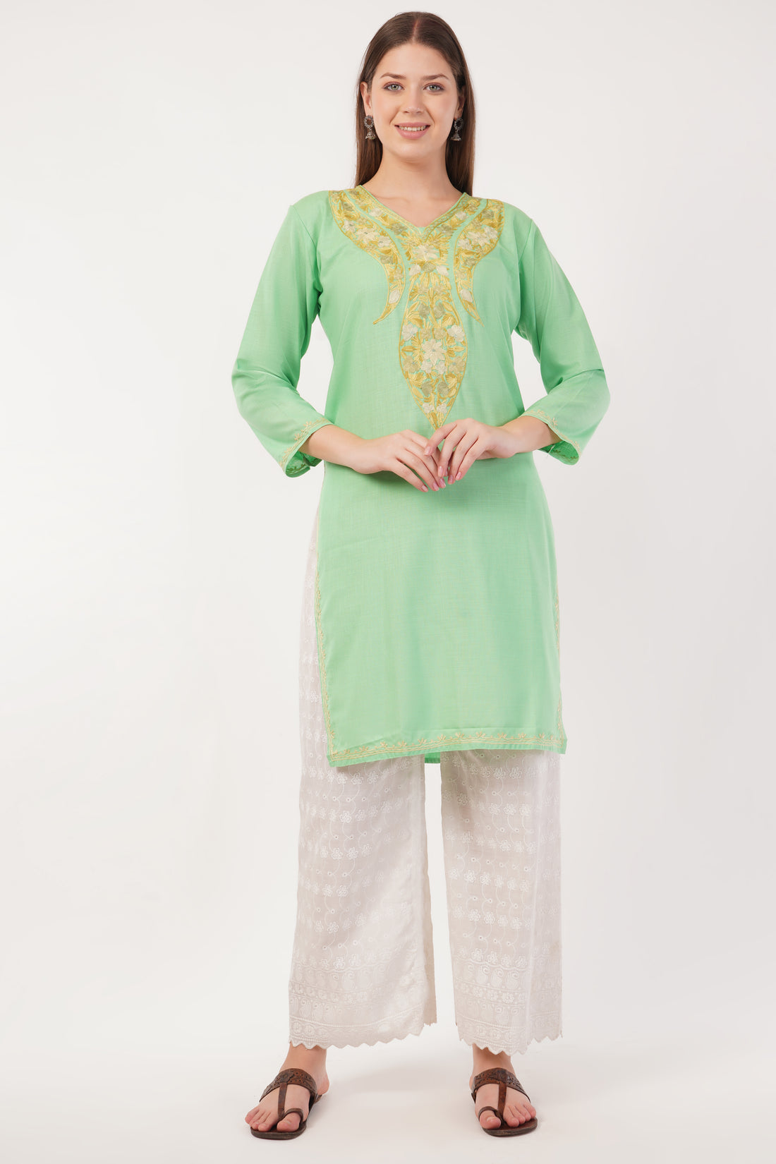 Kashmiri Aari embroidery Cotton Long Kurti Size-40(Green)