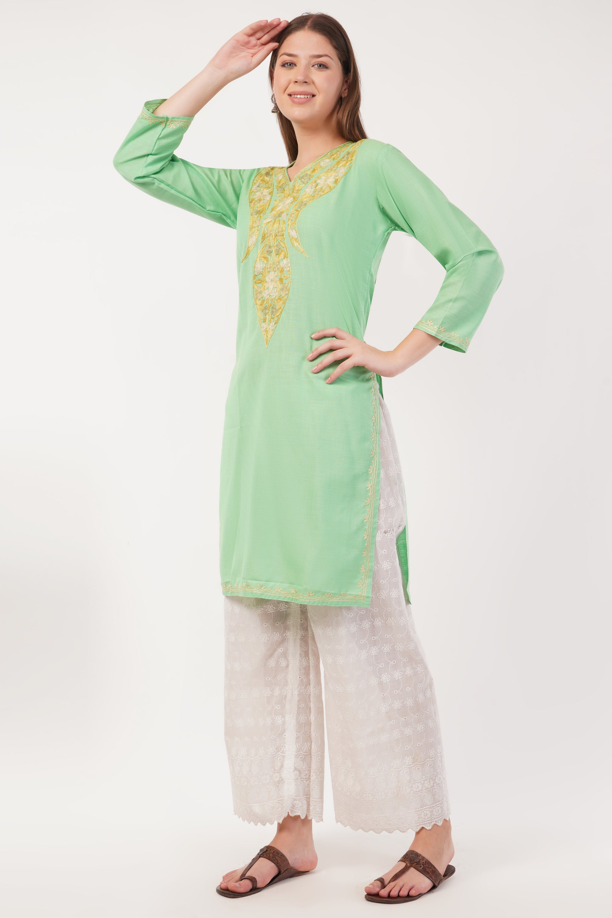 Kashmiri Aari embroidery Cotton Long Kurti Size-40(Green)