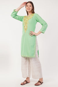 Kashmiri Aari embroidery Cotton Long Kurti Size-40(Green)