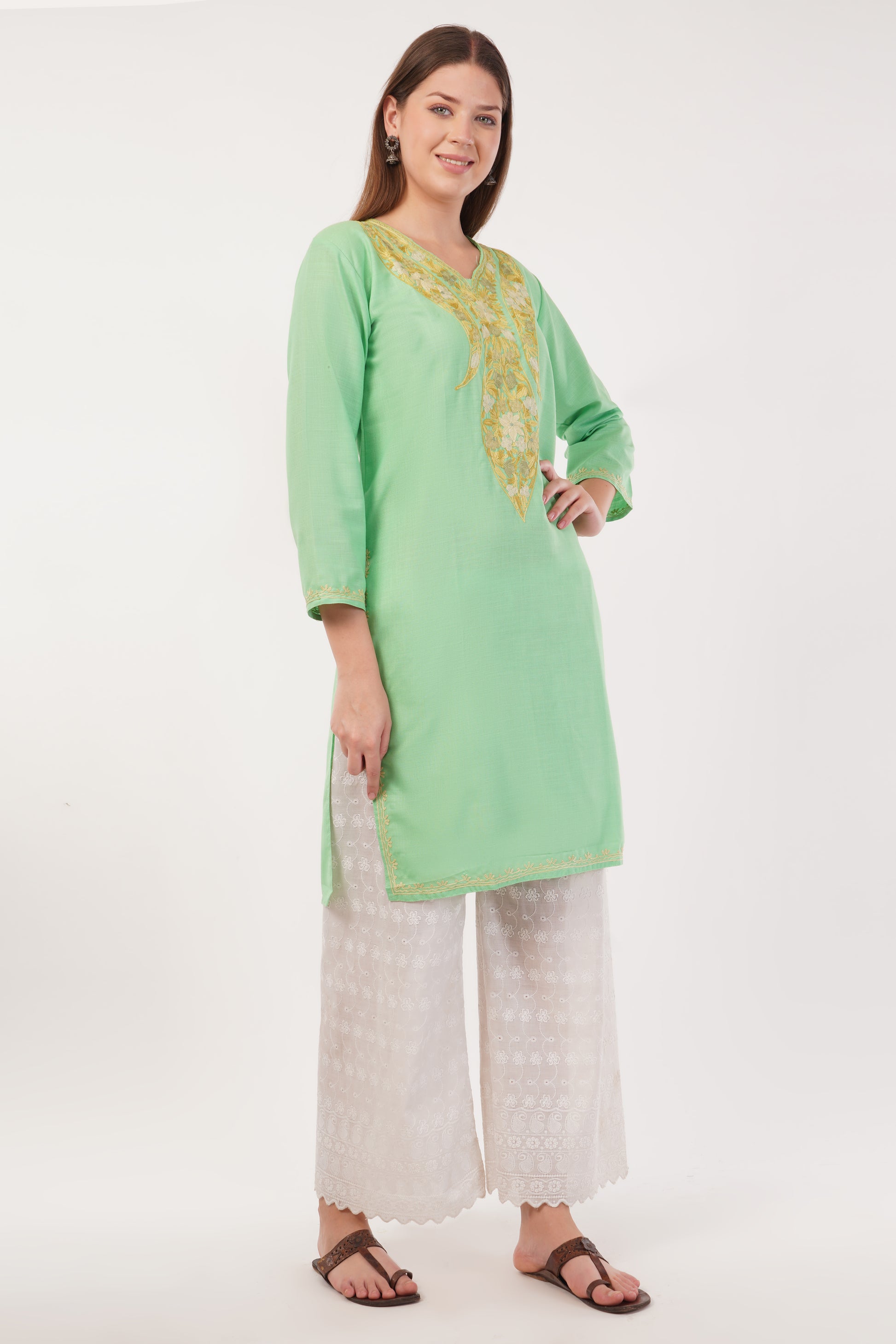 Kashmiri Aari embroidery Cotton Long Kurti Size-40(Green)