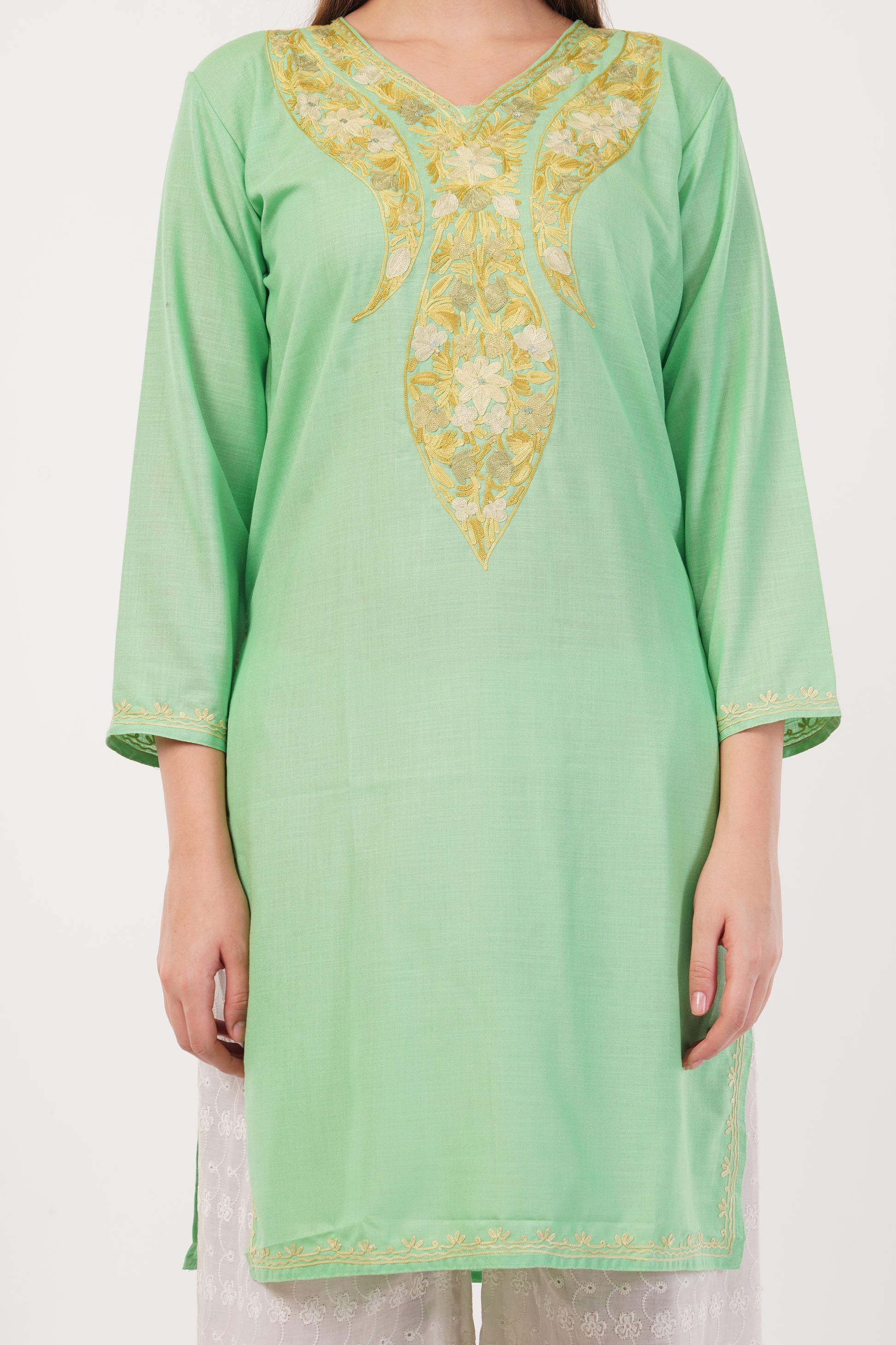 Kashmiri Aari embroidery Cotton Long Kurti Size-40(Green)