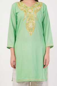 Kashmiri Aari embroidery Cotton Long Kurti Size-40(Green)