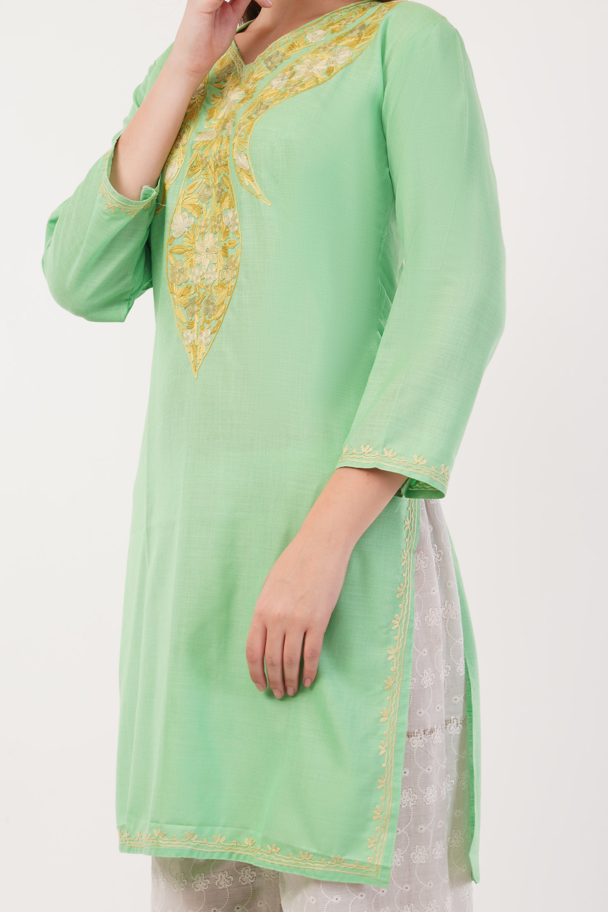Kashmiri Aari embroidery Cotton Long Kurti Size-40(Green)