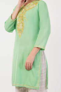 Kashmiri Aari embroidery Cotton Long Kurti Size-40(Green)