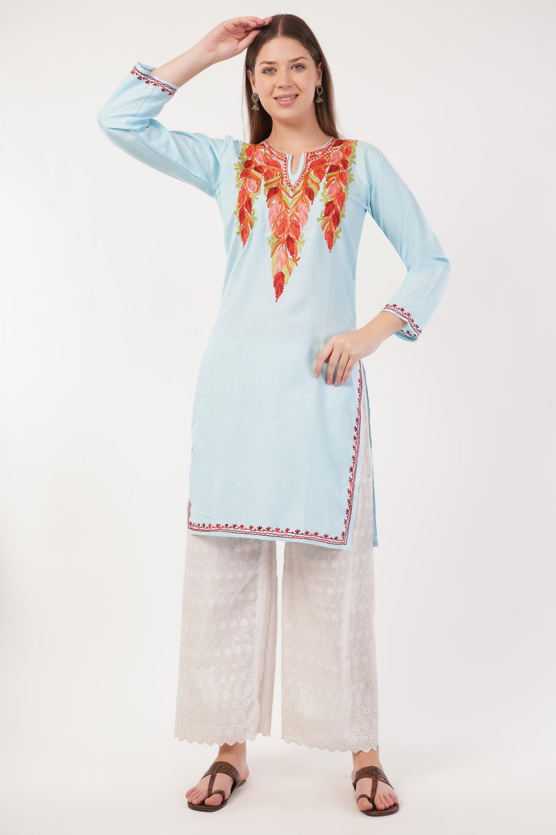 Kashmiri Aari embroidery Cotton Long Kurti Size-40(Sky Blue)
