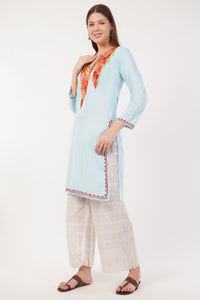 Kashmiri Aari embroidery Cotton Long Kurti Size-40(Sky Blue)