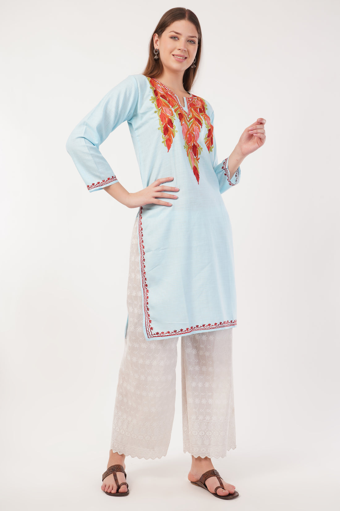 Kashmiri Aari embroidery Cotton Long Kurti Size-40(Sky Blue)