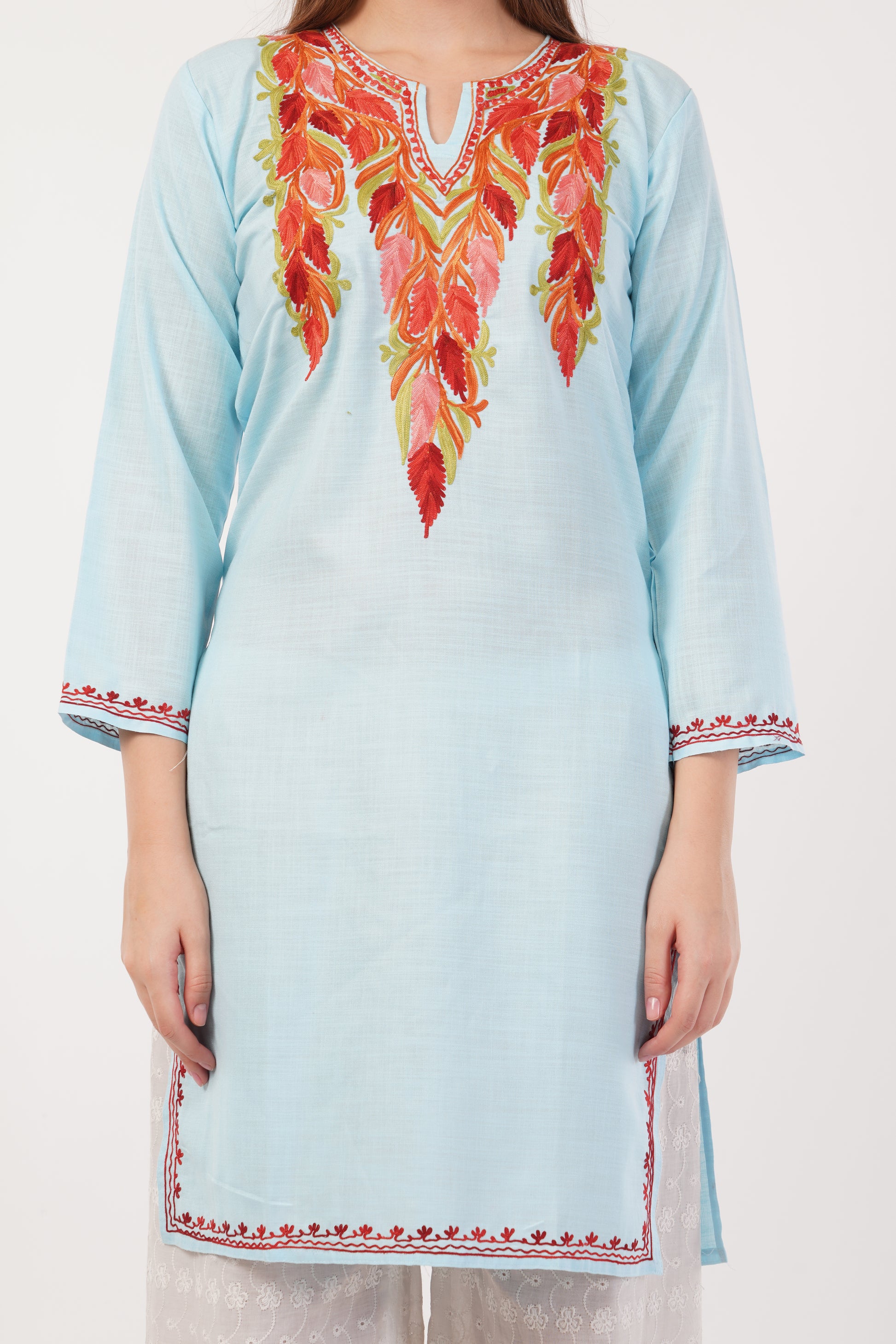 Kashmiri Aari embroidery Cotton Long Kurti Size-40(Sky Blue)