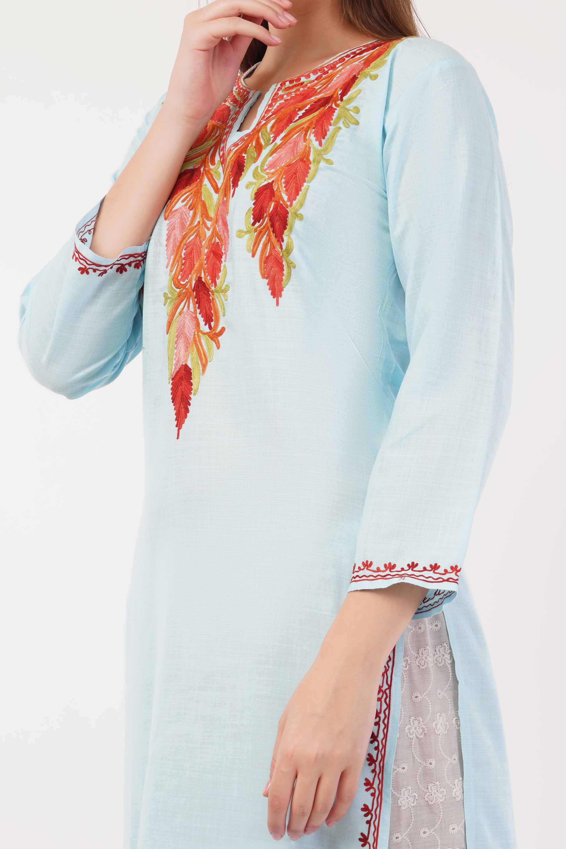 Kashmiri Aari embroidery Cotton Long Kurti Size-40(Sky Blue)