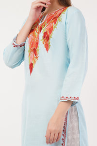 Kashmiri Aari embroidery Cotton Long Kurti Size-40(Sky Blue)