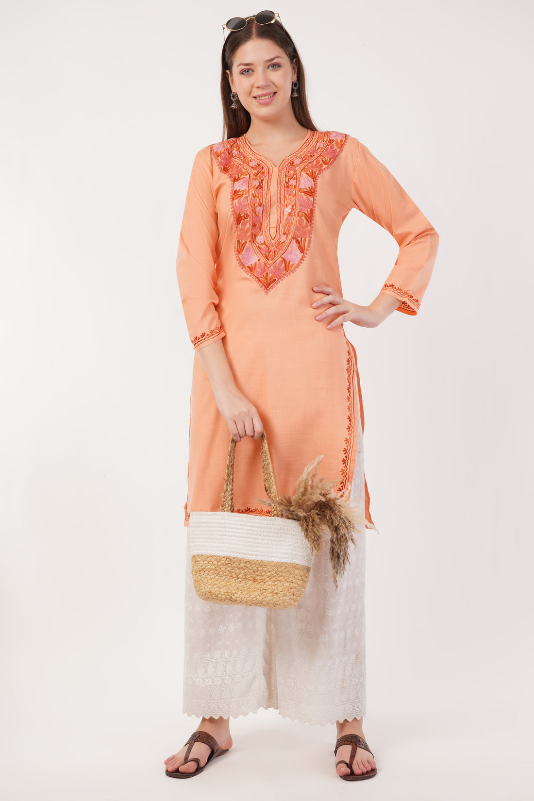 Kashmiri Aari embroidery Cotton Long Kurti Size-40(Peach)