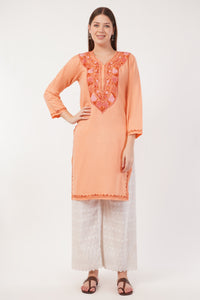 Kashmiri Aari embroidery Cotton Long Kurti Size-40(Peach)