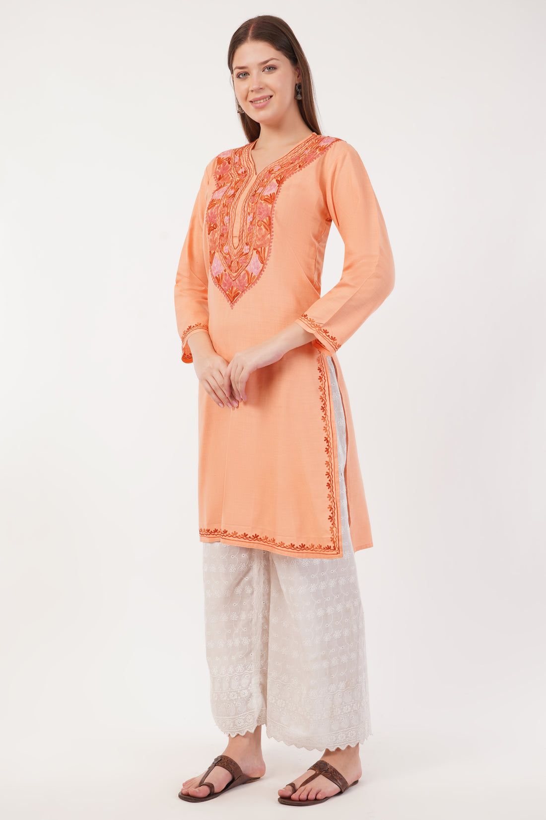 Kashmiri Aari embroidery Cotton Long Kurti Size-40(Peach)