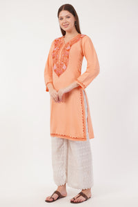 Kashmiri Aari embroidery Cotton Long Kurti Size-40(Peach)