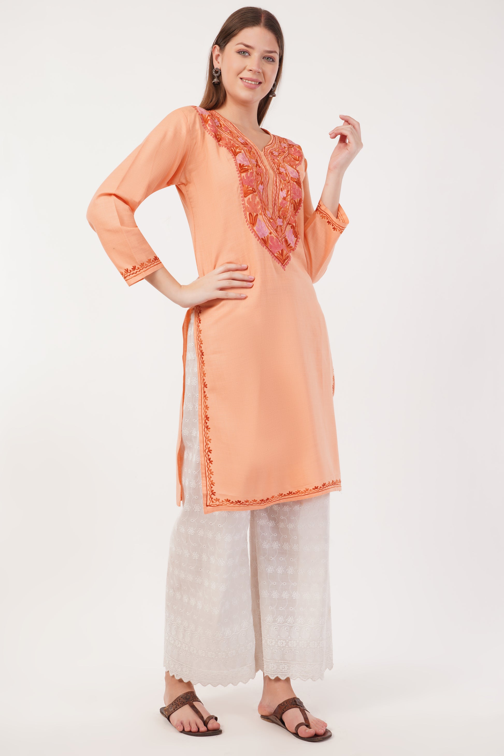 Kashmiri Aari embroidery Cotton Long Kurti Size-40(Peach)