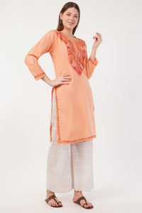 Kashmiri Aari embroidery Cotton Long Kurti Size-40(Peach)
