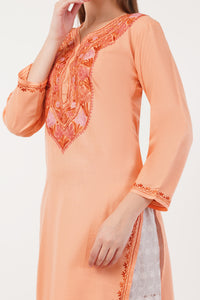 Kashmiri Aari embroidery Cotton Long Kurti Size-40(Peach)