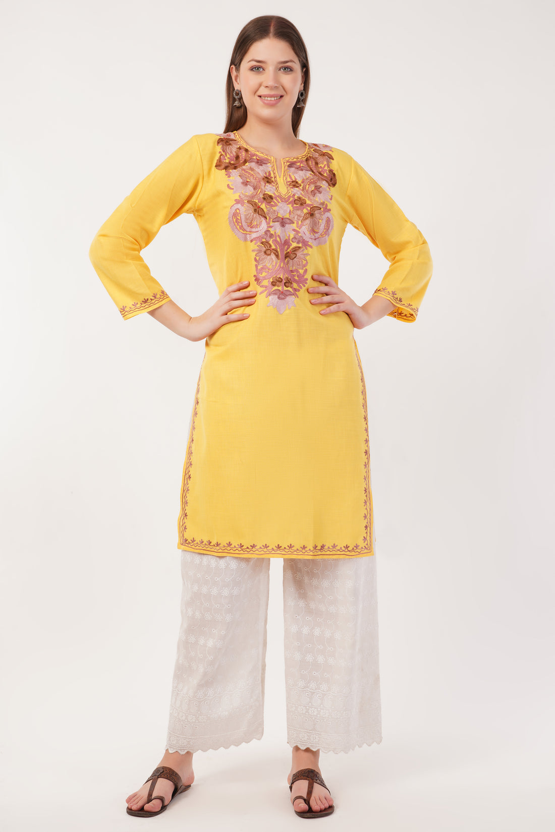 Kashmiri Aari embroidery Cotton Long Kurti Size-40(Yellow)