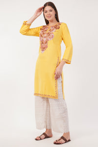 Kashmiri Aari embroidery Cotton Long Kurti Size-40(Yellow)