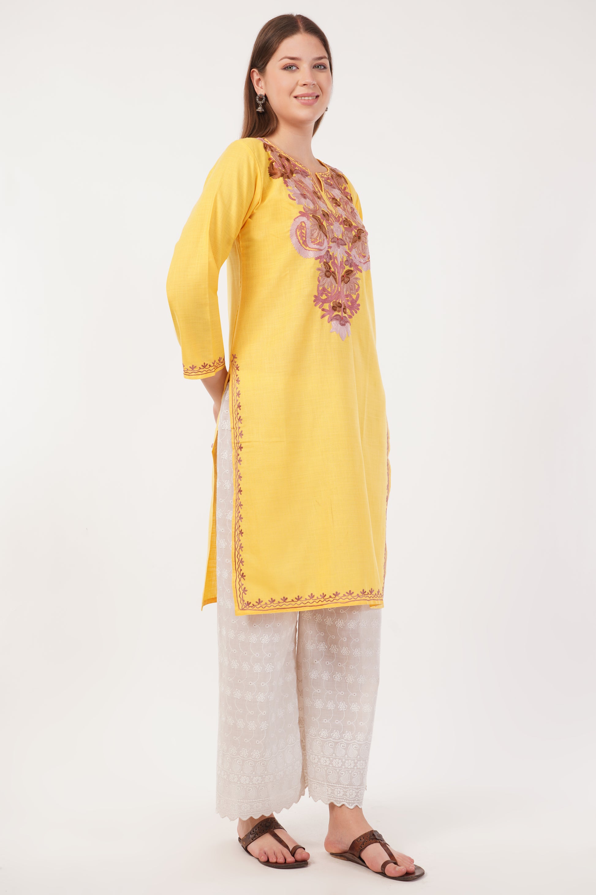 Kashmiri Aari embroidery Cotton Long Kurti Size-40(Yellow)