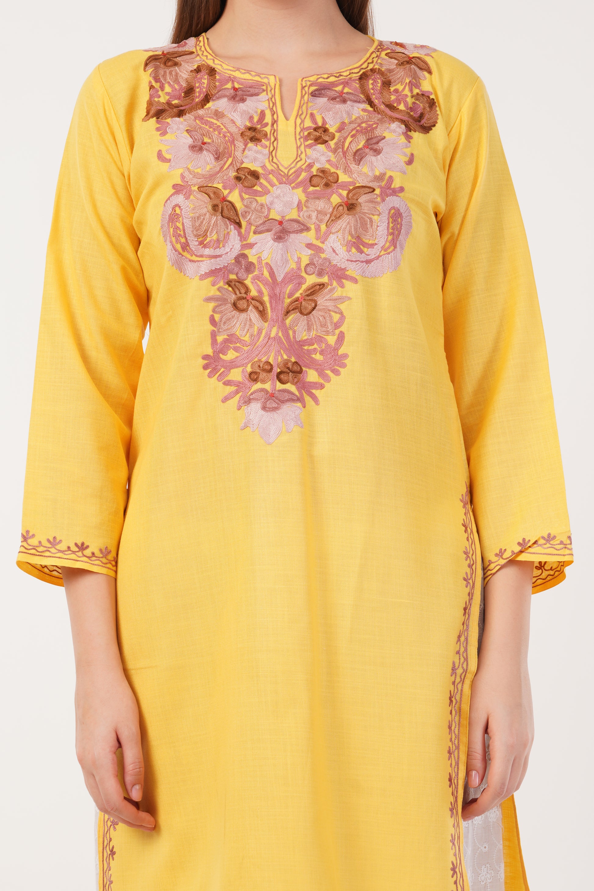 Kashmiri Aari embroidery Cotton Long Kurti Size-40(Yellow)