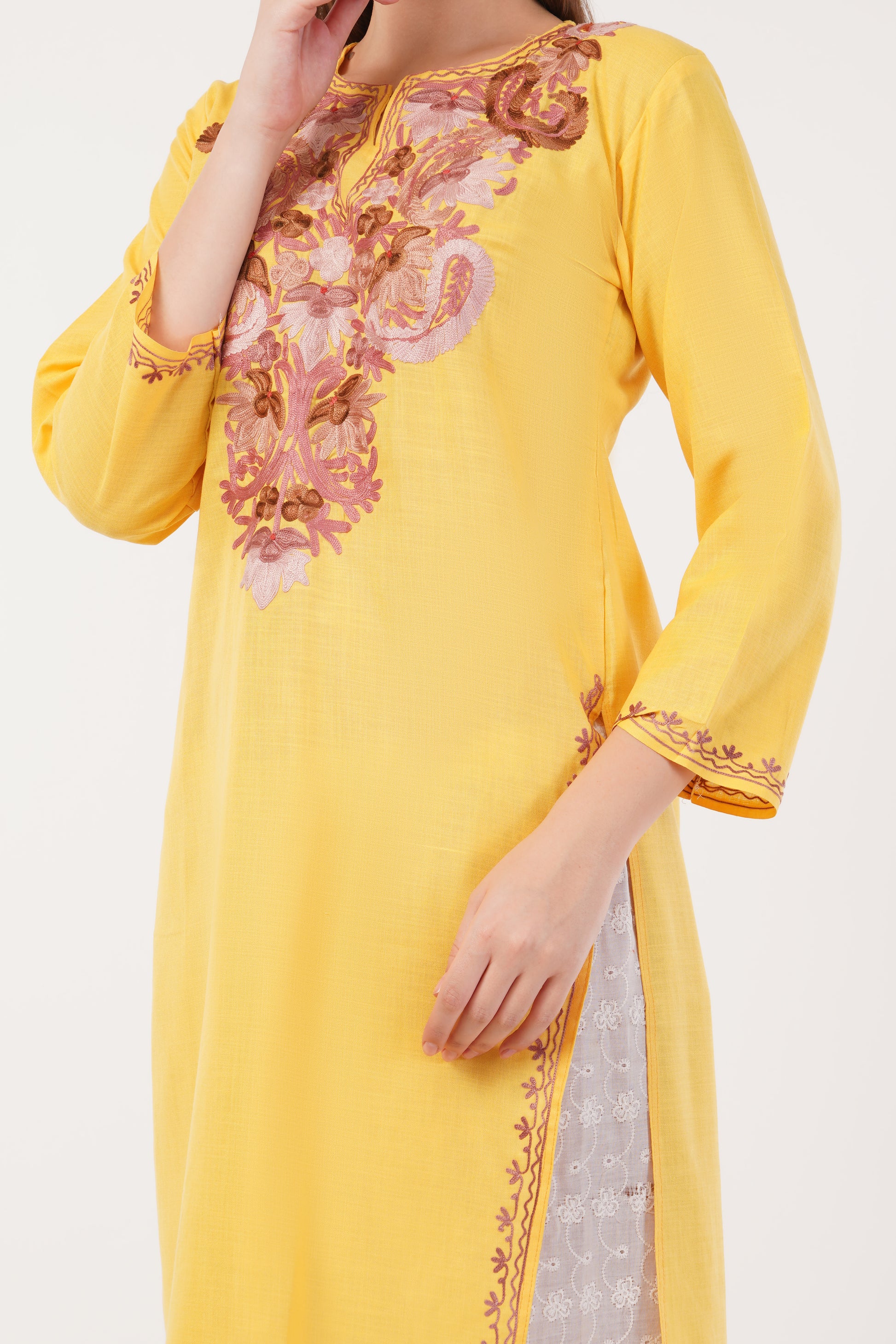 Kashmiri Aari embroidery Cotton Long Kurti Size-40(Yellow)