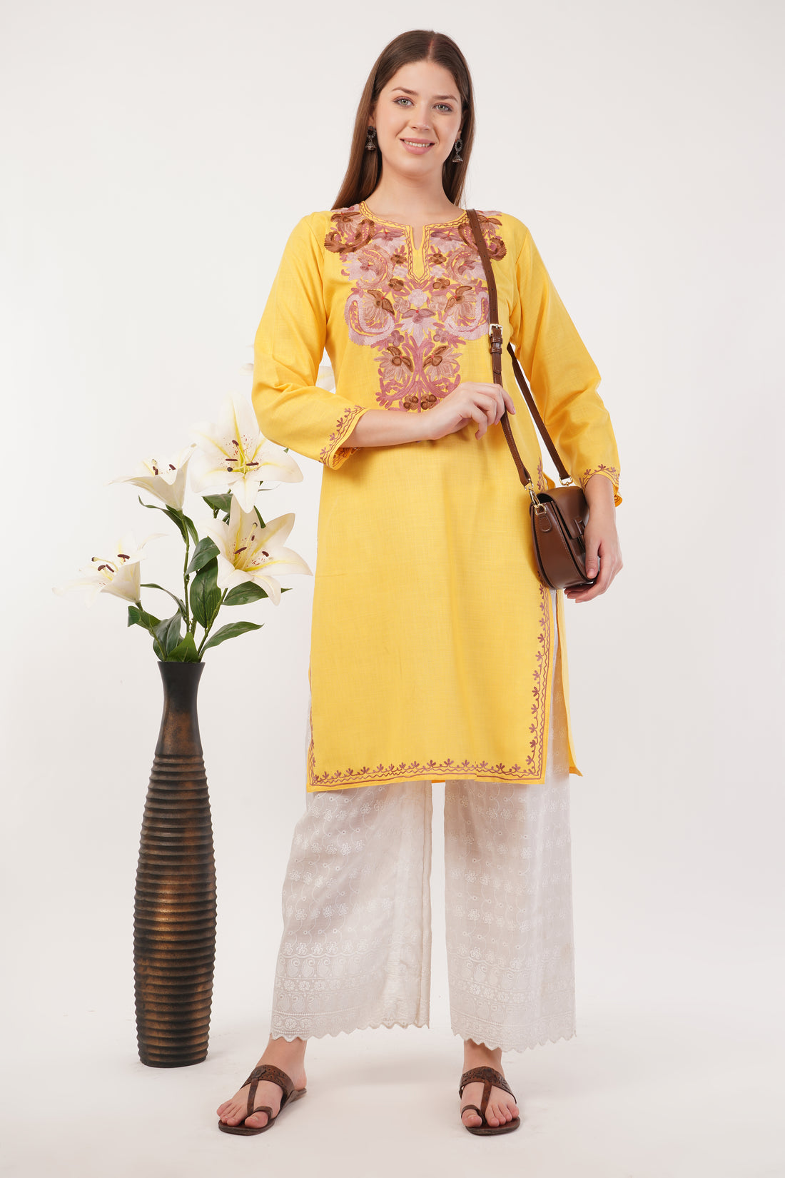 Kashmiri Aari embroidery Cotton Long Kurti Size-40(Yellow)