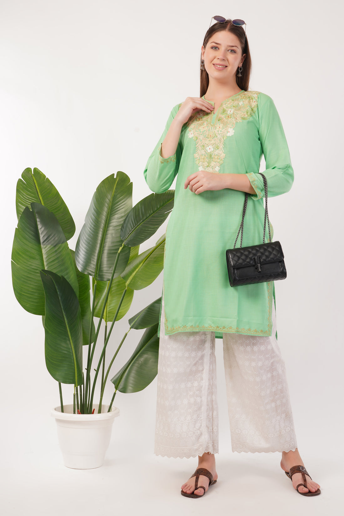 Kashmiri Aari embroidery Cotton Long Kurti Size-40(Green)
