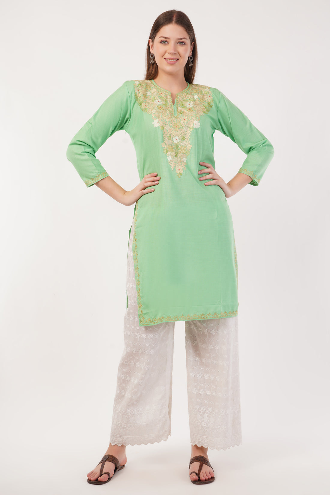 Kashmiri Aari embroidery Cotton Long Kurti Size-40(Green)