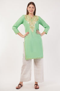 Kashmiri Aari embroidery Cotton Long Kurti Size-40(Green)