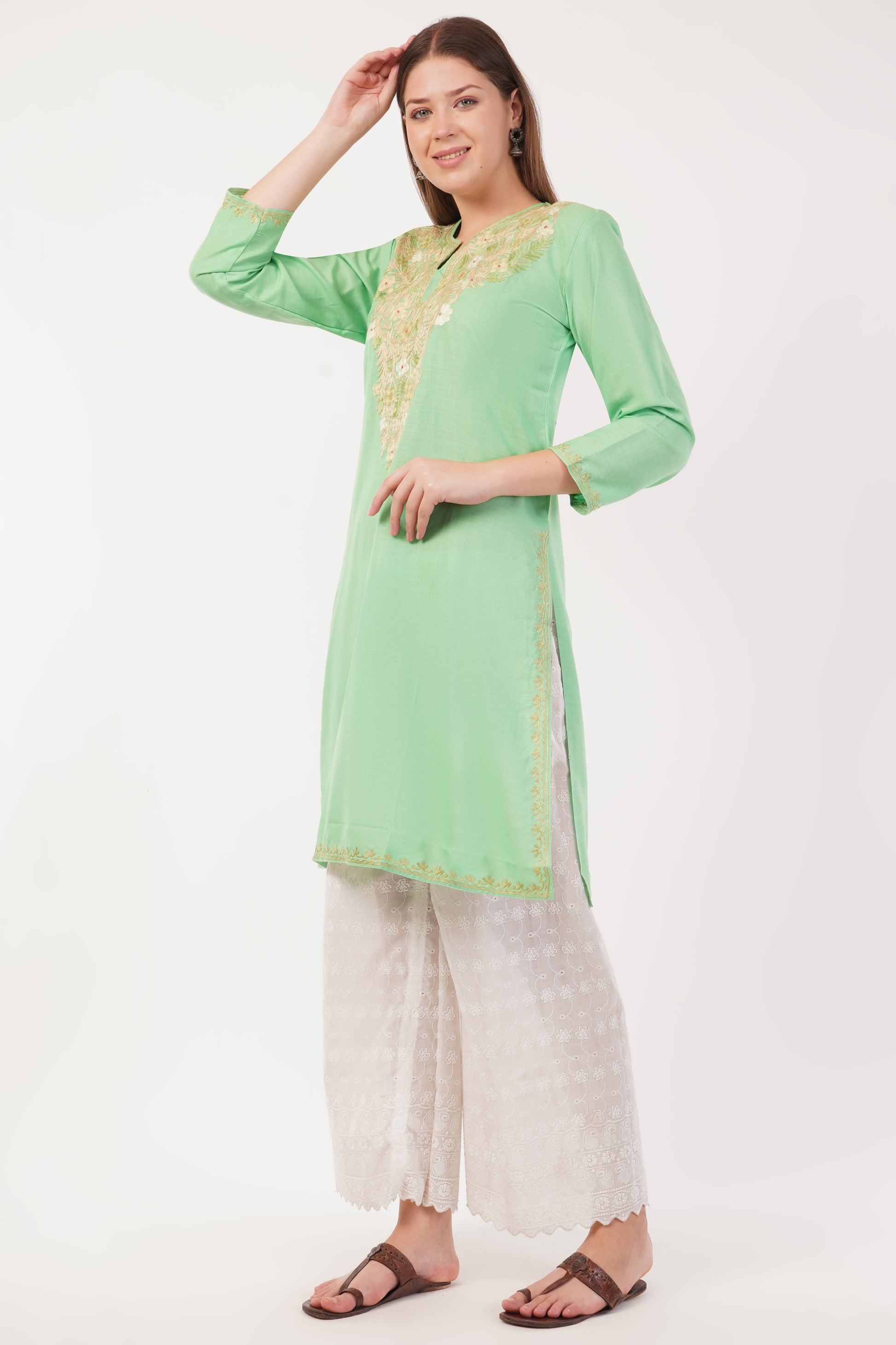 Kashmiri Aari embroidery Cotton Long Kurti Size-40(Green)