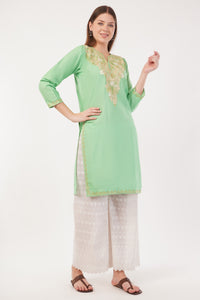 Kashmiri Aari embroidery Cotton Long Kurti Size-40(Green)