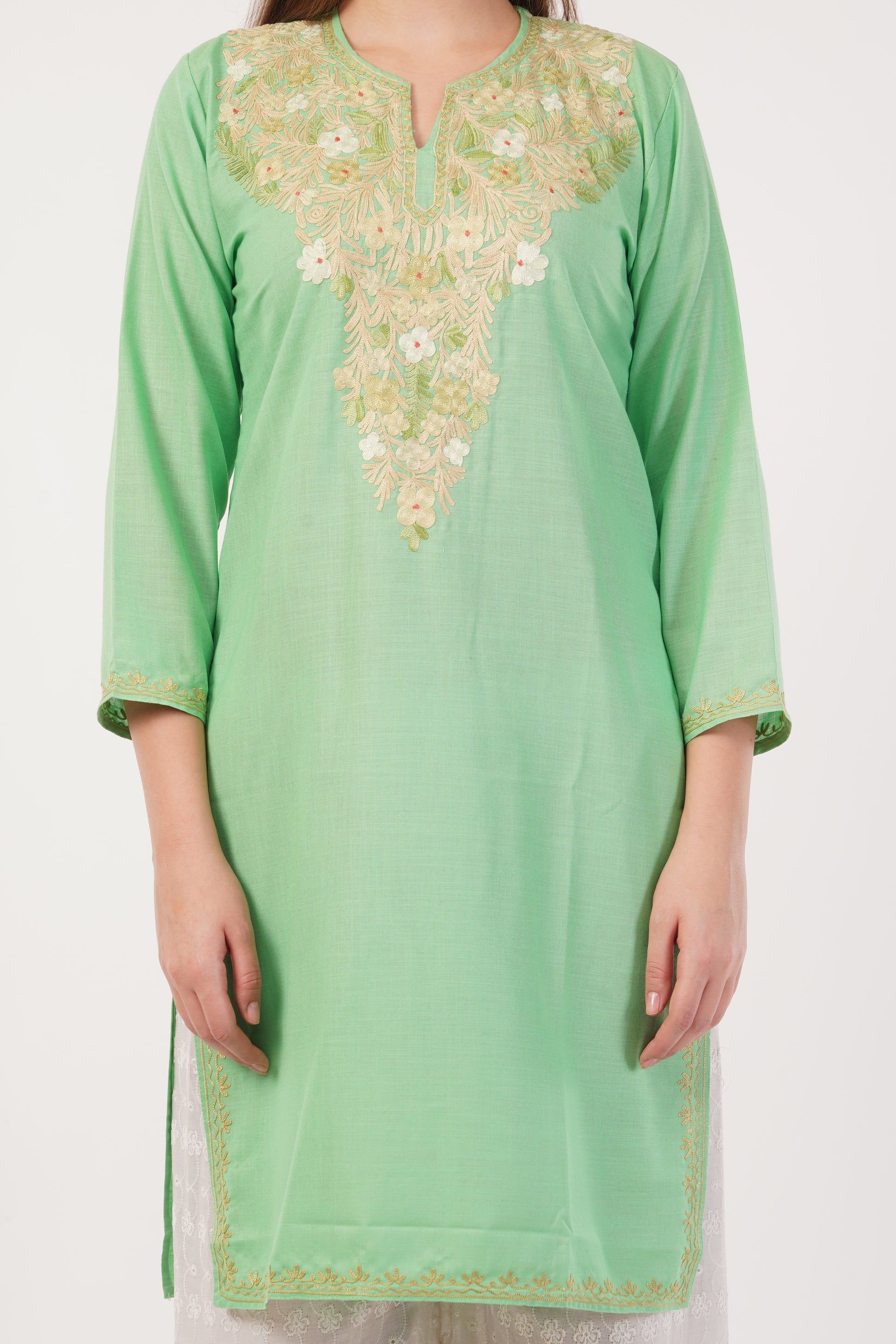 Kashmiri Aari embroidery Cotton Long Kurti Size-40(Green)