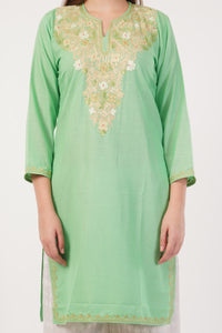 Kashmiri Aari embroidery Cotton Long Kurti Size-40(Green)