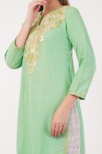 Kashmiri Aari embroidery Cotton Long Kurti Size-40(Green)