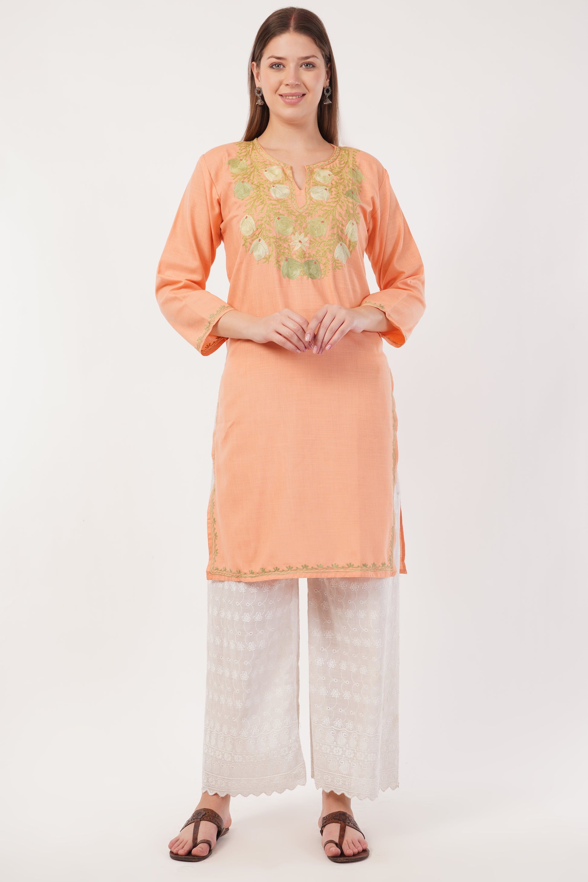 Kashmiri Aari embroidery Cotton Long Kurti Size-40(Peach)