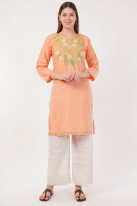 Kashmiri Aari embroidery Cotton Long Kurti Size-40(Peach)